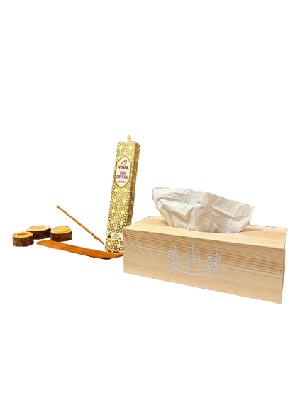 Pack Sakinah | Portapañuelos, velas de cera natural, incienso Noor y soporte de madera